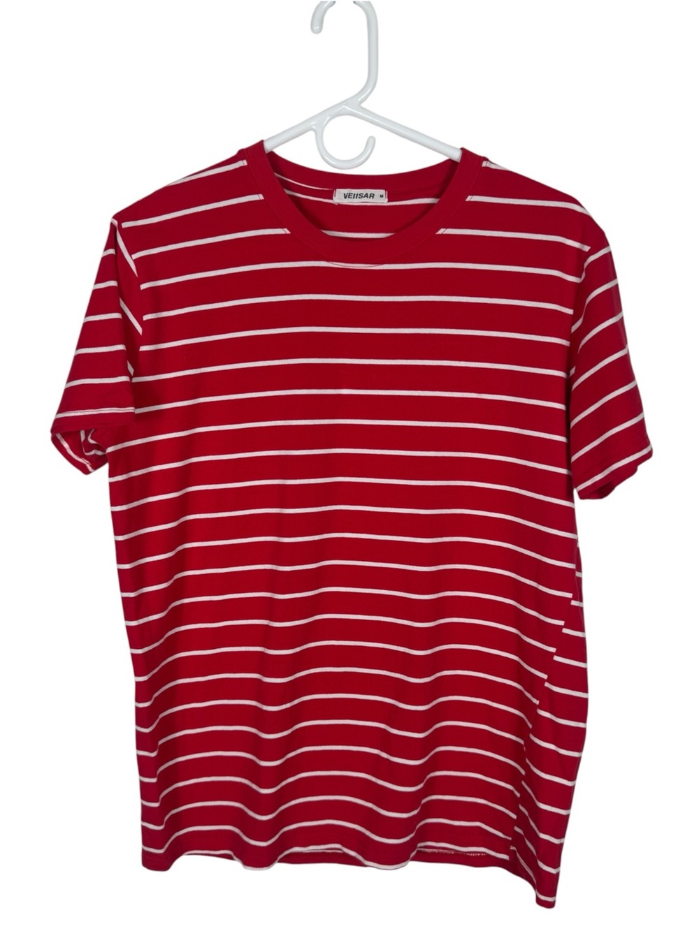 VEIISAR Men’s Striped Crewneck T-Shirt Red White Cotton Stretch M